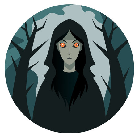 Dark spooky old forest and beautiful witch with black spooky eyes. . AI generated. Vector iconのイラスト素材