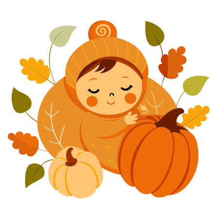 Cute little newborn baby sleeping. autumn pumpkins around. AI generated. Vector iconのイラスト素材
