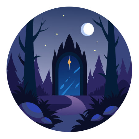 Dark mysterious forest with a magical magic mirror. a portal to another. AI generated. Vector iconのイラスト素材