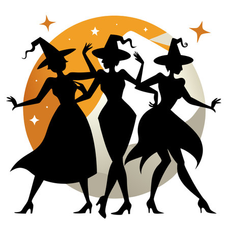 Dancing witches. black silhouette against bright moody background. AI generated. Vector iconのイラスト素材