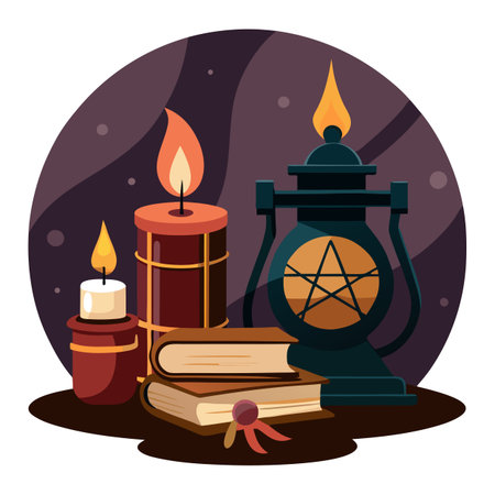 Dark witchcraft room. candle lantern. old vintage books. . AI generated. Vector iconのイラスト素材