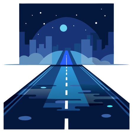 Dark street. wet asphalt. reflections of rays in the water. Abstract. AI generated. Vector iconのイラスト素材