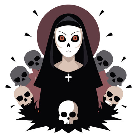Dark satanic possessed nun surrounded by skulls in a nightmare. AI generated. Vector iconのイラスト素材