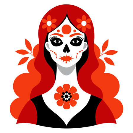 Day of the Dead woman with skull face paint. flowers in red hair. . AI generated. Vector iconのイラスト素材