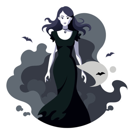 Digital art of a woman in dark dress emerging from smoke. Horror. AI generated. Vector iconのイラスト素材