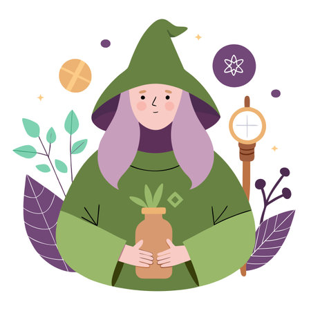 Druid Spellcaster flatlay - witchy herbs. AI generated. Vector iconのイラスト素材