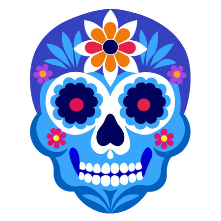 Day of the dead. Blue skull and flowers. . AI generated. Vector iconのイラスト素材