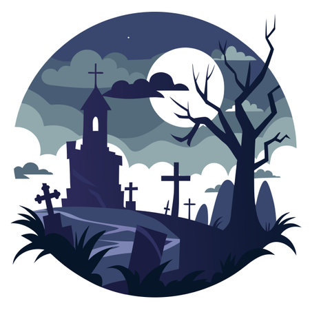 Digital Illustration Of An Old Creepy Graveyard On Stormy Winter. AI generated. Vector iconのイラスト素材
