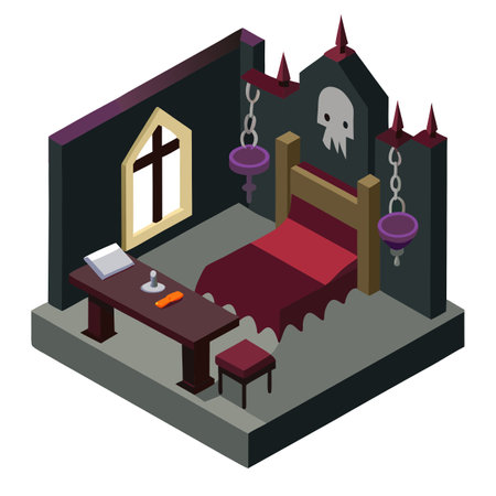 Dracula castle cell interior with chains by candlesticks.writing. AI generated. Vector iconのイラスト素材
