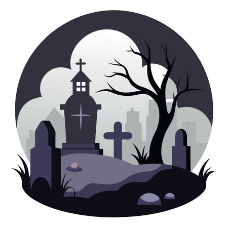 Eerie graveyard setting with antique gravestones and fog. . AI generated. Vector iconのイラスト素材