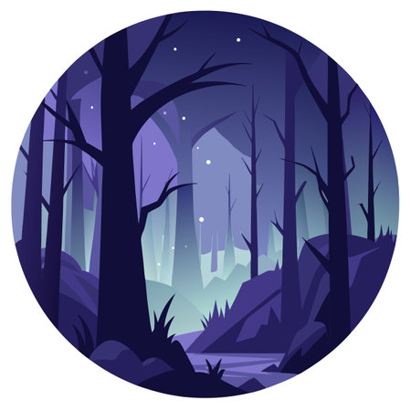 Eerie misty forest at night with volumetric lighting. . AI generated. Vector iconのイラスト素材
