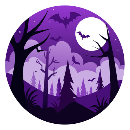 Eerie moonlit woods with bats. rendered in shades of dark and light . AI generated. Vector iconのイラスト素材
