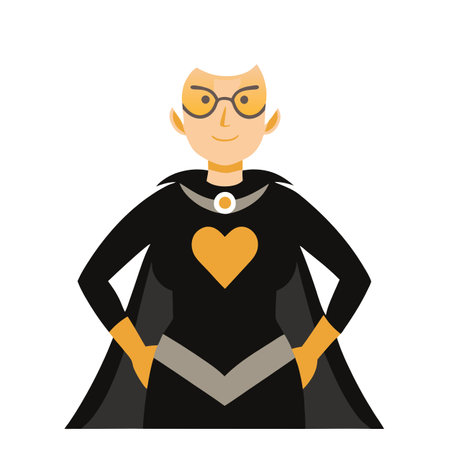 Elderly female superhero grandma in black costume with gold heart. AI generated. Vector iconのイラスト素材