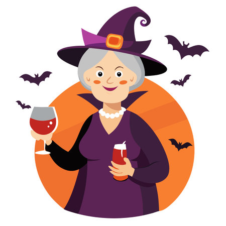 Elderly old lady wearing a witch costume and holding a glass of wine. AI generated. Vector iconのイラスト素材