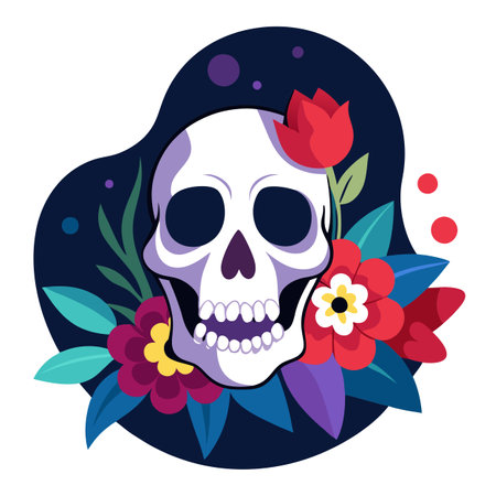 Dark fantasy design. painted human skull and lush bunch of flowers. AI generated. Vector iconのイラスト素材