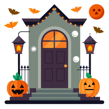Dekorierter Hauseingang und Gehweg zu Halloween. Decorated house. AI generated. Vector iconのイラスト素材