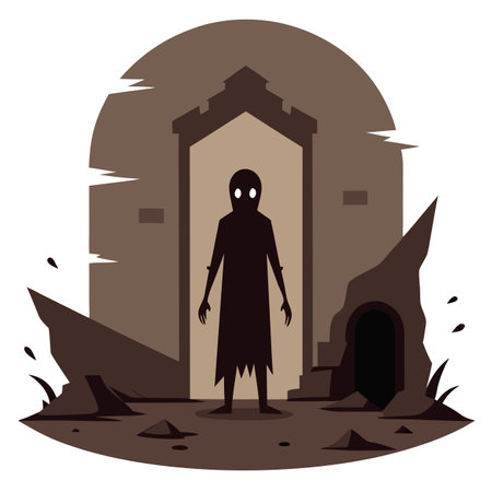 Dark ghostly figure in a doorway in abandoned room. creepy haunted. AI generated. Vector iconのイラスト素材
