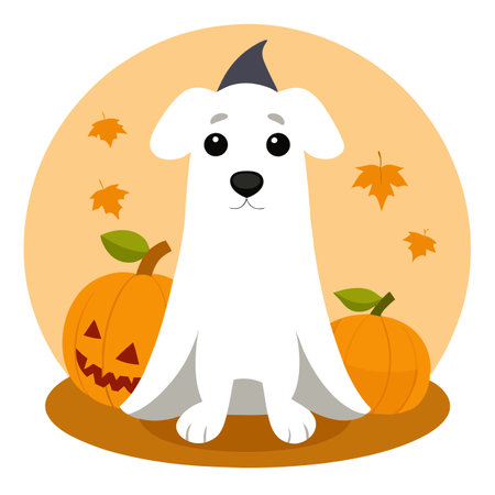 Dog wearing a ghost costume sitting between pumpkins for Halloween. AI generated. Vector iconのイラスト素材