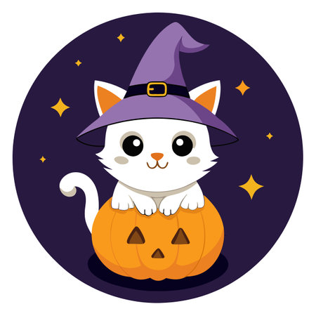 Cute kitten in a wizard hat and Halloween pumpkin on. AI generated. Vector iconのイラスト素材