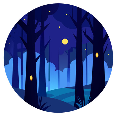 Dark woods halloween background forest at night with blue moonlight. AI generated. Vector iconのイラスト素材