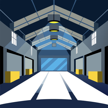 Evoking an Ambiance of Empty Warehouse with Dramatic Lighting. . AI generated. Vector iconのイラスト素材