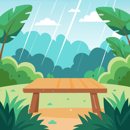 Empty wooden table in the rainy tropical forest with blurred background. . AI generated. Vector iconのイラスト素材