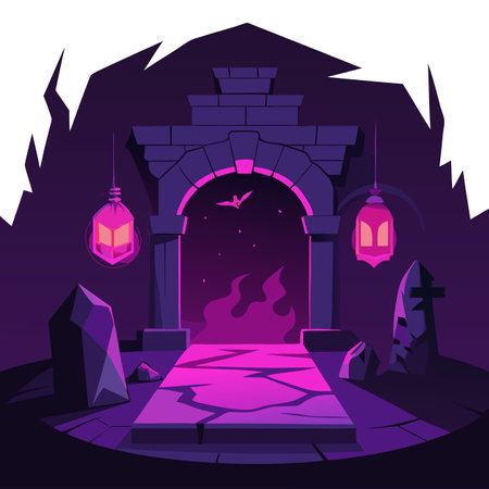 Empty dark room with old and damaged walls. night scene with neon. AI generated. Vector iconのイラスト素材