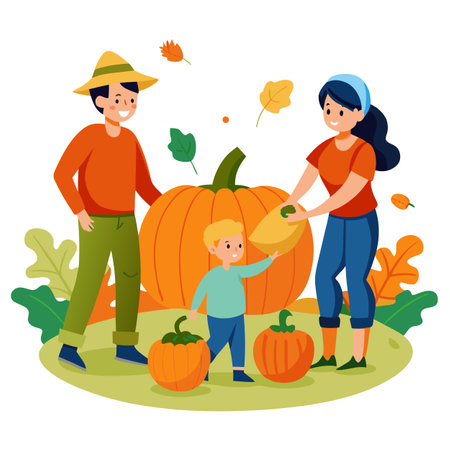 Family picking pumpkins on an autumn sunny day. big beautiful pumpkin. . AI generated. Vector iconのイラスト素材