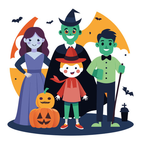 Enchanting Halloween Affair. Family Dressed Up for Fun. AI generated. Vector iconのイラスト素材