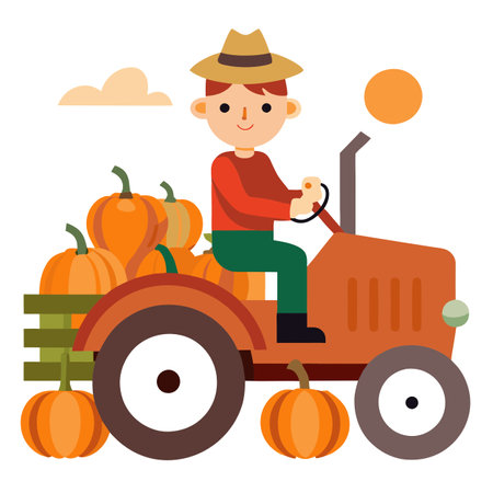 European boy riding a tractor on pumpkin patch farm autumn f. AI generated. Vector iconのイラスト素材