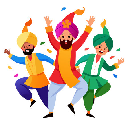 Energetic Bhangra Extravaganza. A Vibrant Group of Punjabi Bhangra. AI generated. Vector iconのイラスト素材