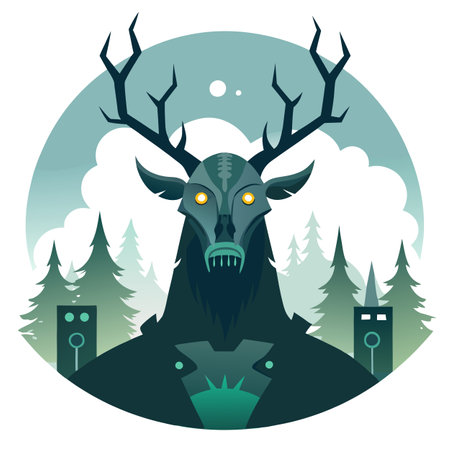 Evil deer head demon cult at haunted foggy forest background. Te. AI generated. Vector iconのイラスト素材