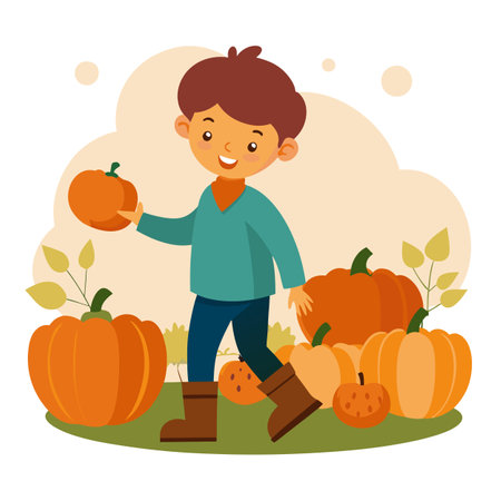 European child playing with pumpkins on pumpkin farm autumn fall. AI generated. Vector iconのイラスト素材