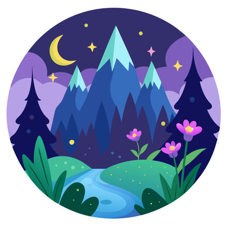 Fairy forest at night. fantasy mountains and glowing flowers. . AI generated. Vector iconのイラスト素材