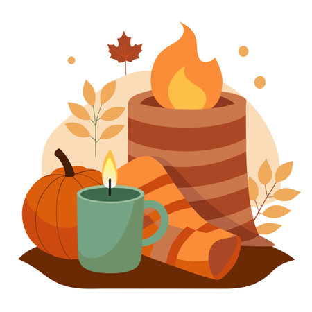 Fall aesthetics. candle in coffee mug. autumn interior decor with . AI generated. Vector iconのイラスト素材