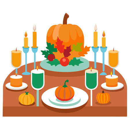 Fall table setting for celebrating Thanksgiving or Friendsgiving. AI generated. Vector iconのイラスト素材