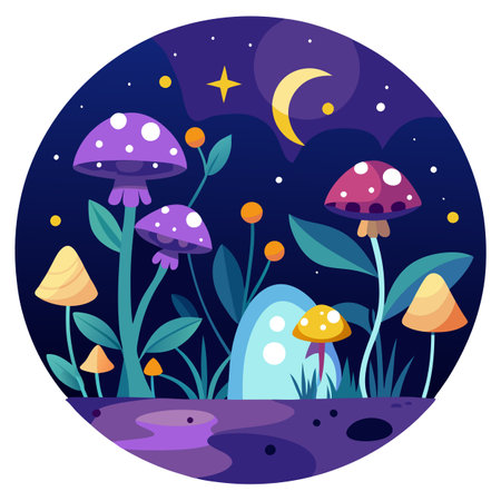 Fairy forest at night. fantasy glowing flowers. mushroom and lights. . AI generated. Vector iconのイラスト素材