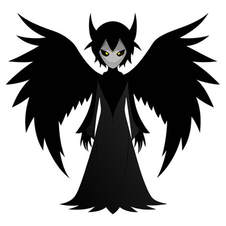 Fantasy black angel. Black angel feathers. Dramatic scary background. . AI generated. Vector iconのイラスト素材