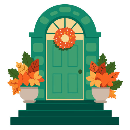Fall autumn wreath on green front door and autumn flower pot arrangement. AI generated. Vector iconのイラスト素材