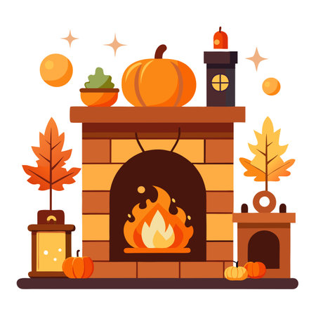 Fall and Halloween decorated cozy fireplace interior setting - .. AI generated. Vector iconのイラスト素材