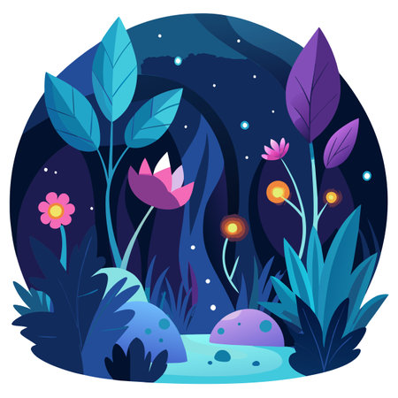 Fantasy forest at night. magic luminous flowers in fairytale wood. . AI generated. Vector iconのイラスト素材