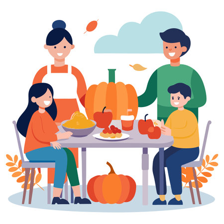 Family having a meal outdoors. table setting with pumpkins and autumn . AI generated. Vector iconのイラスト素材