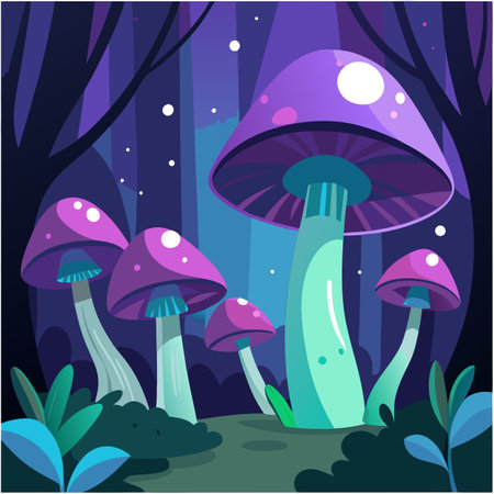 Fantasy glowing mushrooms in a dark dark forest close-up. created. AI generated. Vector iconのイラスト素材