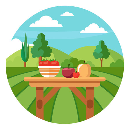 Farm Fresh Delights. An empty wood table with ample space set against . AI generated. Vector iconのイラスト素材