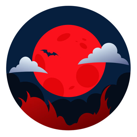 Fantasy full red moon. Horror spooky Halloween concept. Cloudy night. AI generated. Vector iconのイラスト素材
