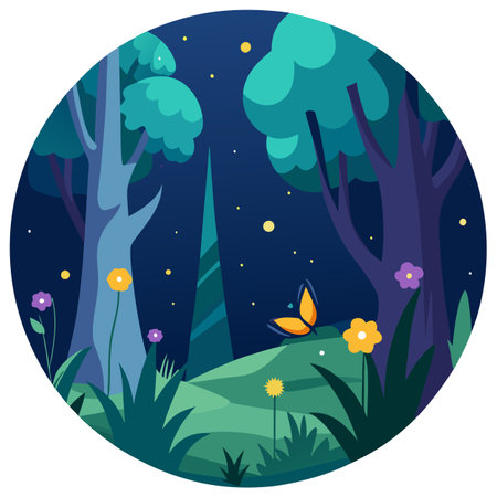 Fairy forest at night. fantasy glowing flowers. butterfly and lights. . AI generated. Vector iconのイラスト素材