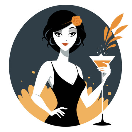 Flapper girl holding cocktail glass with splash. Art deco. 1920s AI generated. Vector iconのイラスト素材