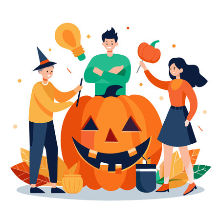 Fotografia que muestra amigos tallando una calabaza. con varias decoraciones. AI generated. Vector iconのイラスト素材