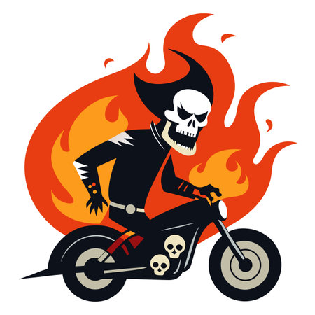 Fire skeleton rider on motorcycle. scary ghost biker riding at night. . AI generated. Vector iconのイラスト素材