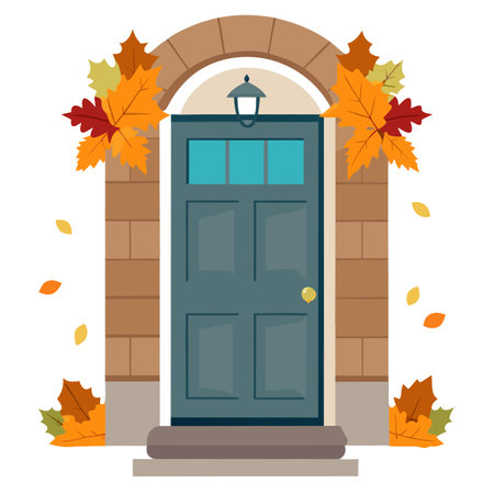 Front door with small wreaths and autumn leaves on it. AI generated. Vector iconのイラスト素材
